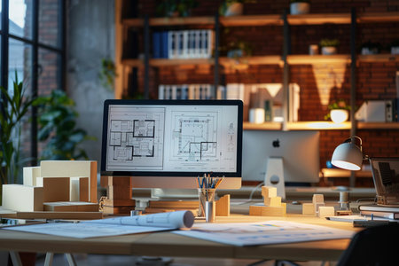 Architecture and design concept - close up of blueprint on desk in officeの素材