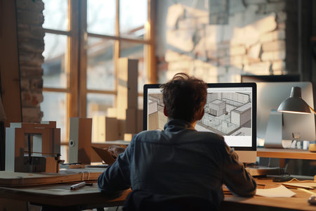 Architect working on computer at desk in office. Construction concept.の素材