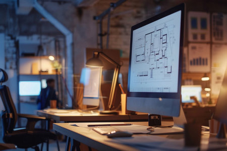 Architectural project on computer screen in office at night. Construction conceptの素材