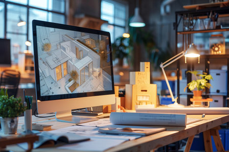 Architect working on computer in office at night. Construction concept.の素材