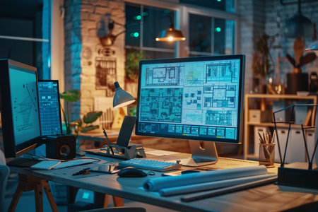 Modern office interior with computers. Workplace at night. 3D rendering.の素材