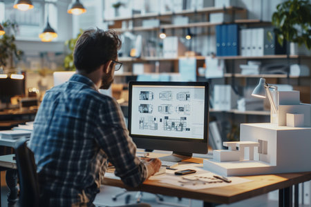 selective focus of architect using computer with blueprint on screen in officeの素材