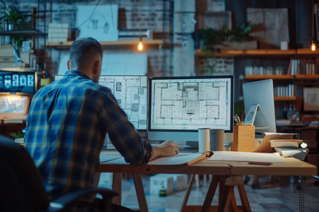 Architect working on drawings in office at night. Construction concept.の素材