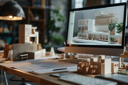 Architecture and construction concept. Close-up of a model of a house on the table.の素材