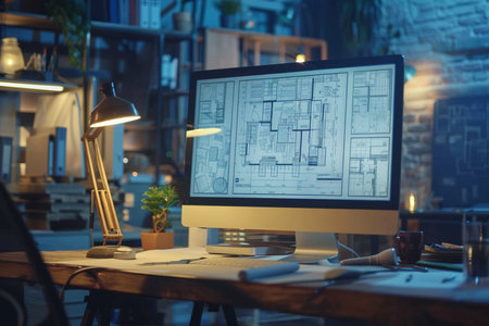 Modern designer workplace with computer and sketches on it in office at nightの素材