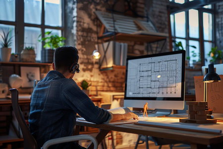 Architect working on drawing table in office. Architect working on blueprint at workplace.の素材