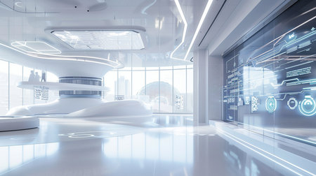 Modern white interior with city view, 3d rendering toned imageの素材