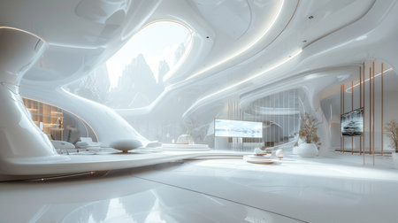 3d render of interior of modern office building with white walls.の素材