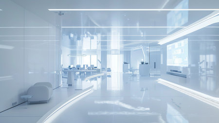 3d rendering of modern white office lobby with glass wall and floorの素材