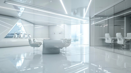 3d render of modern office interior with white walls and white floorの素材