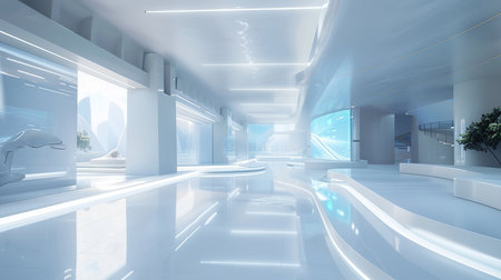 3d render. Futuristic interior of a modern building with white floorの素材