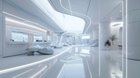 3d render of interior design of modern office building. White corridorの素材