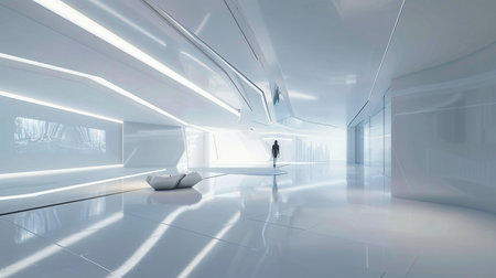 Futuristic interior with white walls and floor,3d renderの素材