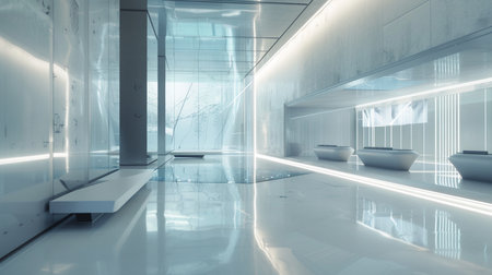 3d rendering of a modern bathroom interior design with glass walls and white floorの素材