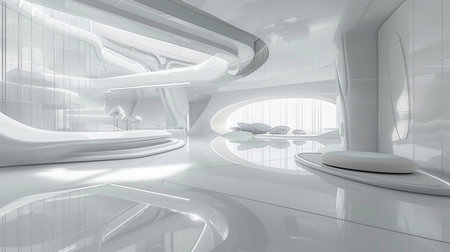 3d render of modern interior design with white walls and white floorの素材