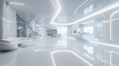 3d render interior of modern office with white walls and white floorの素材