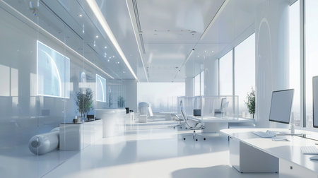 3d render of modern office with white walls, white floor, rows of computer tables and glass doors. 3d renderの素材