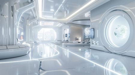 3D rendering of the interior of a futuristic science-fiction buildingの素材