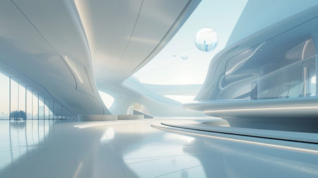 3d render interior of modern building with glass wall and glass floorの素材