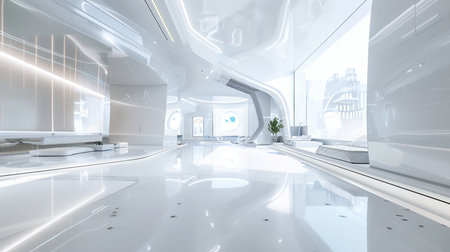 3D render interior of a modern office building with white walls.の素材
