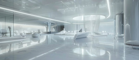 3d render interior of modern office with white marble floor and glass wallの素材
