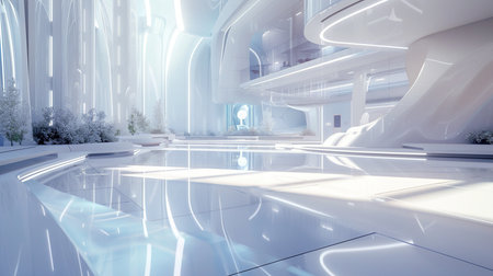 3d render of a modern interior design with white and blue lightsの素材