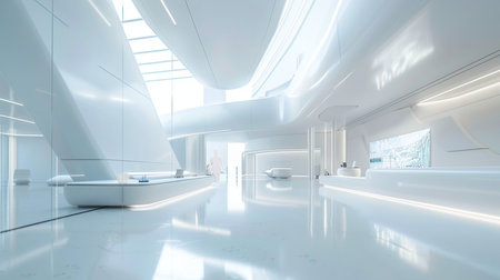 3d render interior of modern white office building with marble floor.の素材