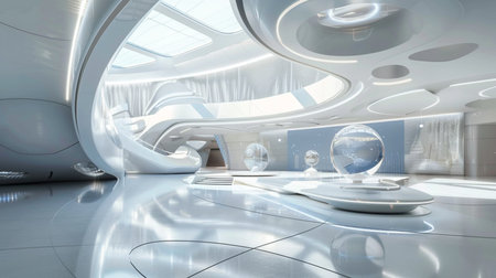 3d render of futuristic interior with glass globe and science fiction sceneの素材