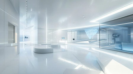 3d render of modern office interior with glass and white walls.の素材