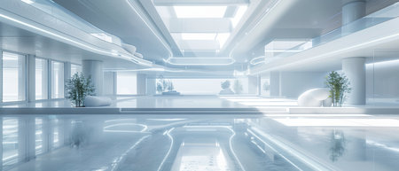 3d render of interior of modern office building with glass wall and floorの素材