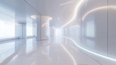 3d render. Futuristic interior corridor with glowing lights. Modern architecture backgroundの素材