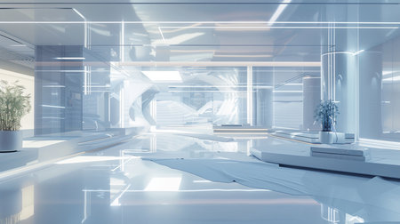 3d rendering of modern office interior with white floor and glass wallの素材