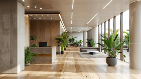 Interior of modern office with wooden walls, wooden floor and rows of plants. 3d renderingの素材