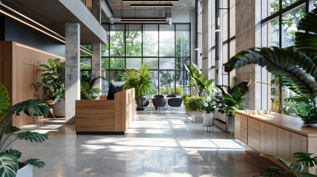 Interior of a modern office building with wooden reception desk and plantsの素材