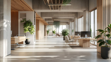 Interior of modern office with wooden walls, concrete floor, rows of computer tables and green plants. 3d renderingの素材