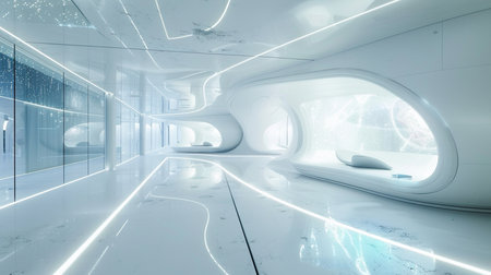 Futuristic corridor in a modern building. 3d rendering.の素材