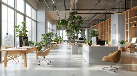 Modern office interior with furniture and daylight. Workplace and lifestyle concept. 3D Renderingの素材