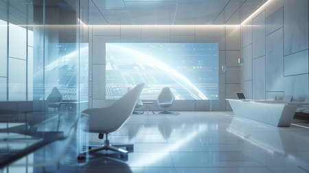 3d rendering of modern conference room with white walls, tiled floor, white computer desks and rows of white chairs.の素材