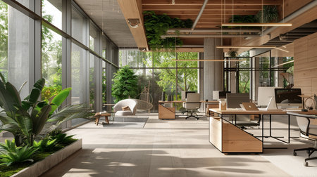 Modern office interior design with green plants. 3d rendering mock upの素材