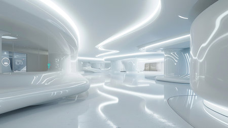 Futuristic corridor with white walls, 3D rendering. Computer digital drawing.の素材