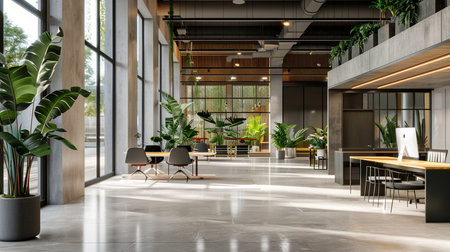 Interior of modern office with glass walls, concrete floor and rows of green plants. 3d renderingの素材
