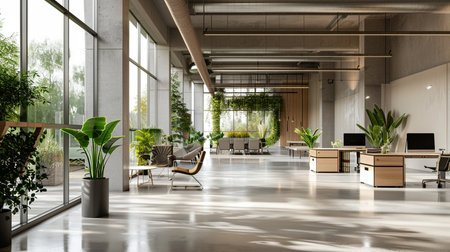 Modern office interior with furniture and plants. 3d rendering mock upの素材