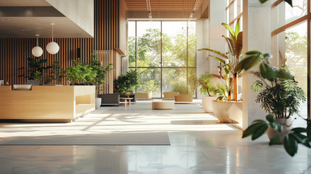 Interior of modern office lobby with reception desk and plants. 3D Renderingの素材