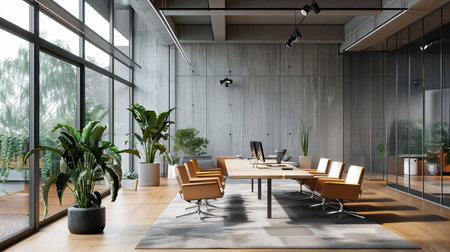 Interior of modern office with wooden walls, concrete floor, panoramic windows and rows of brown armchairs. 3d renderingの素材