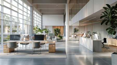 Interior of modern office with white and wooden walls, tiled floor, panoramic window with city view and daylight. 3d renderingの素材