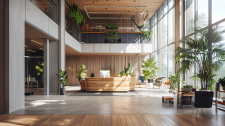 Interior of modern hotel reception hall with wooden floor, panoramic window and green plants. 3d renderingの素材