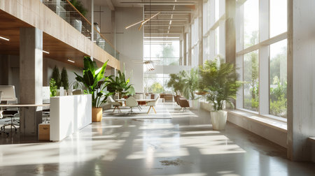 Interior of modern office with white walls, tiled floor, rows of computer tables and green plants. 3d renderingの素材