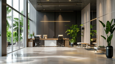 Contemporary office lobby with wooden walls, tiled floor, rows of gray computer tables with black chairs and armchairs. 3d renderingの素材