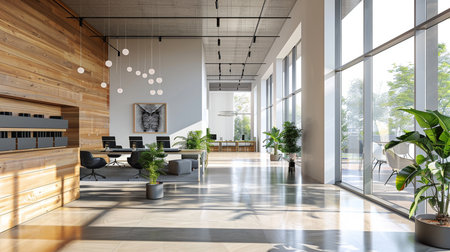 Modern office lobby interior with wooden walls, tiled floor, panoramic windows and daylight. 3d rendering mock upの素材