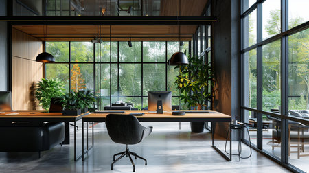 Interior of modern office with black and wooden walls, concrete floor, rows of computer tables with black chairs and panoramic windows. 3d renderingの素材